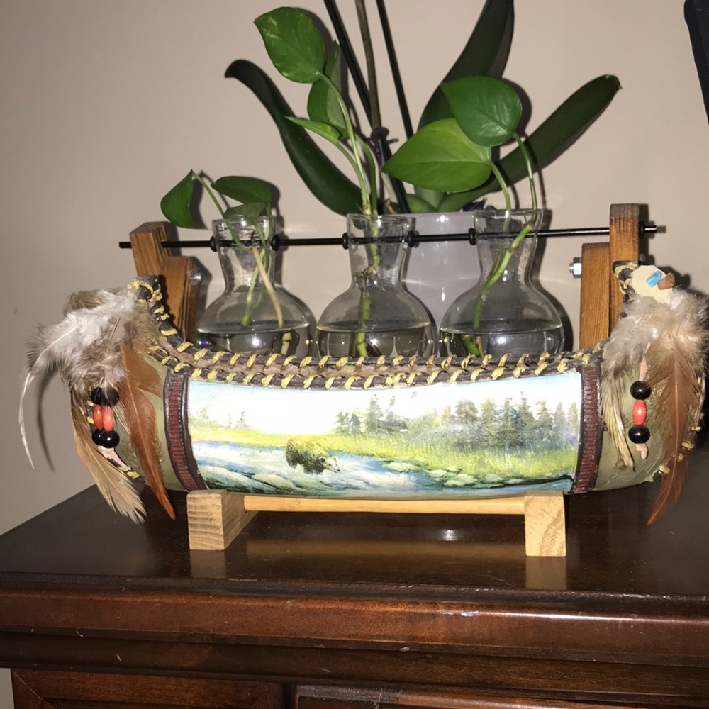 Hand-Painted Decorative Canoe Planter in Green and Brown